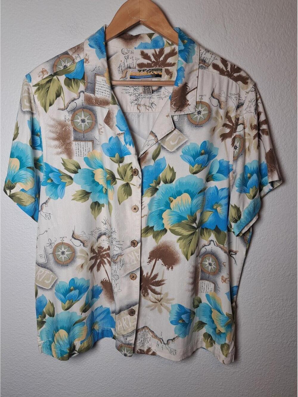 SUNSET COVE Woman Hawaiian Floral Short Sleeve Rayon Button Shirt St Barts Sz XL